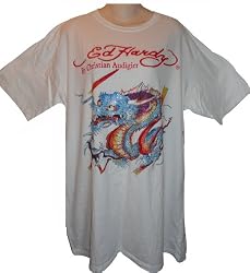 Men's Ed Hardy T-Shirt White Short Sleeve Blue Dragon XXL