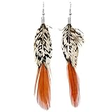 IMAGE OF 4 1/2 inches Natural Feather Dangling Earrings In Orange With Silver Finish