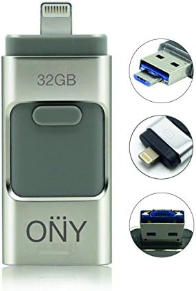 ONYdrive. Flash Drive for IPhone 6, 6Plus, 5, 5C, 5S and Android devices. 32 GB external memory stick. 3 in 1 adapter - USB 3.0, OTG micro USB and Lightning Connector for IPhone, IPad, tablets and PC.