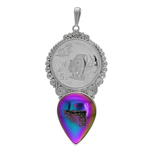 Sterling Silver Rainbow Window Coated Quartz Druzy & Panda Coin Pendant by Sajen