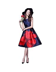 A-line Vintage Cocktail Above the Knee Flared-Skirt Summer Bateau Neck Floral Print Polyester Sleeveless  Dress