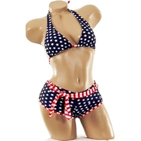 Womens Junior Size Swimwear American Flag Stars Boyshorts 2 pc Bikini Swimsuit