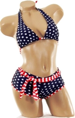 Womens Junior Size Swimwear American Flag Stars Boyshorts 2 pc Bikini Swimsuit XL