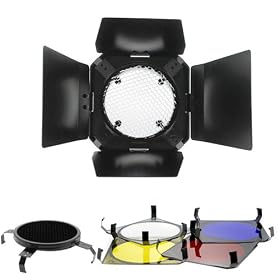 GTMax Barn Door & Honeycomb Grid & Gel Set for Hensel, Elinchrom, Photogenic, Alienbees Flash