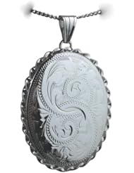 British Jewellery Workshops Silver 37x28mm engraved twisted wire edge oval Locket with Curb chain