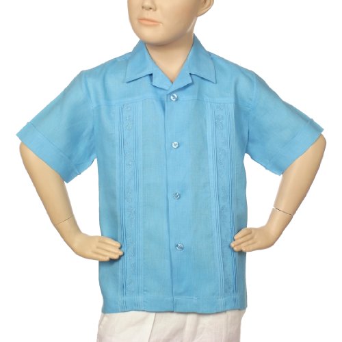 Boys Irish linen shirt in turquoise blue short sleeve.