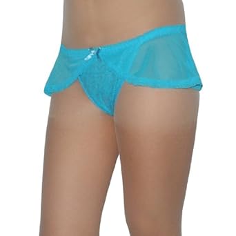 Womens Passion Sexy Stretch Sheer Mesh Mini Skirt With Sequins Built-In Thong Panty - Blue