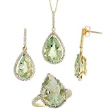 10k Gold Teardrop Dangle Earrings (26mm tall), Ring (17mm wide) & 18 in. Necklace SET, w/ Brilliant Cut Diamonds & Pear Cut Green Amethyst Stones; Ring Size 6.5