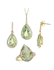 10k Gold Teardrop Dangle Earrings (26mm tall), Ring (17mm wide) & 18 in. Necklace SET, w/ Brilliant Cut Diamonds & Pear Cut Green Amethyst Stones; Ring Size 6.5