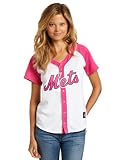 MLB Women's New York Mets Short Sleeve 5 Button Synthetic Replica Baseball Jersey (White/Pink Splash, Large)