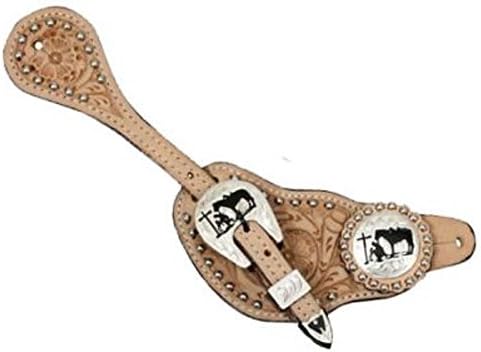 Showman Men's Floral Tooled Leather Spur Straps Small Silver Studs Engraved Praying Cowboy Conchos (Light Oil)