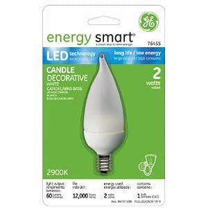 GE 76455 Energy Smart LED Bent Tip Light Bulb, White, Candelabra Base, 2-Watt