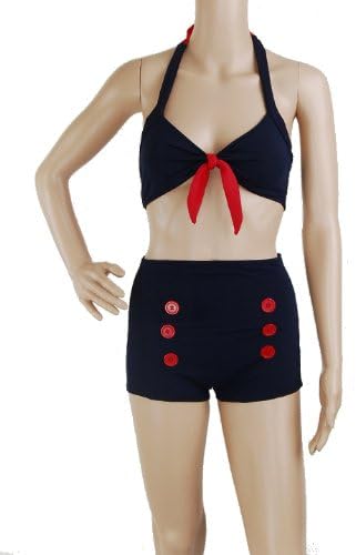 Bikini Navy Blue Retro 50s Pin up Rockabilly Vintage Tie Bow Back Halter MOD Women's Swimwear Size S , Small