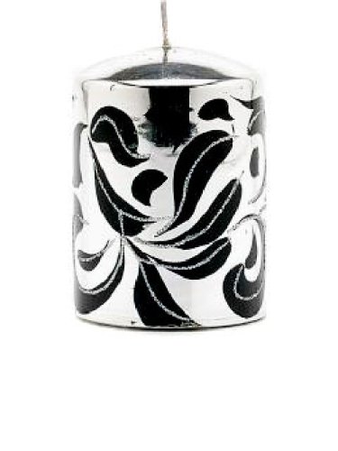 Festive Silver Pillar Candle with Black and Silver Design, 100 mm