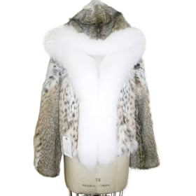 Buy 30 Natural Lynx Bolero Jacket w White Fox Tuxedo and Attached Fox Trimmed Hood. by FursNewYork