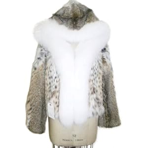 Buy 30 Natural Lynx Bolero Jacket w White Fox Tuxedo and Attached Fox Trimmed Hood. by FursNewYork