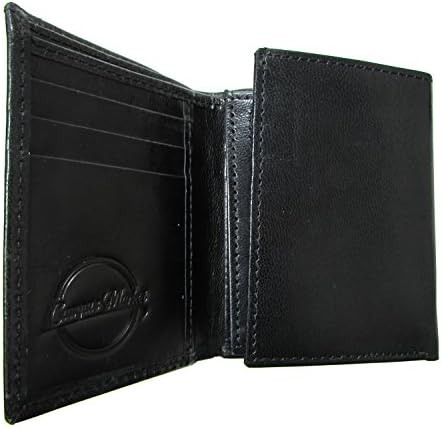 Men's Wallet Genuine Leather Black Tri Fold with Flip Up ID Holder &amp; Credit Card