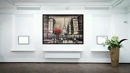 Paris Eifel Tower Black & White with Red Tree Street View Oil Painting on Canvas Cityscape Wall Art House Deco 20x24 50x60cm