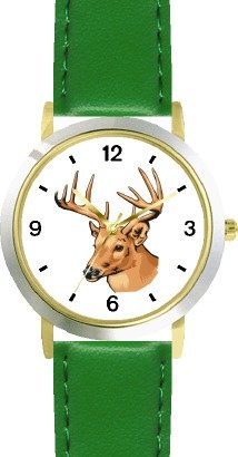 Deer Buck Head - Animal - WATCHBUDDY® DELUXE TWO-TONE THEME WATCH - Arabic Numbers - Green Leather Strap-Size-Large ( Men