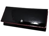 本牛革 エナメル 加工 長財布 ブラック×レッドー カラー ステッチ クラウン モチーフ付 YKK ジッパー 使用