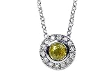 14K White Gold 16 Cable-Chain Round-Shape Yellow-Sapphire Semi-Precious Stone Necklace, Set with a Sliding Pendant, Surrounded by Pave Set Diamonds.