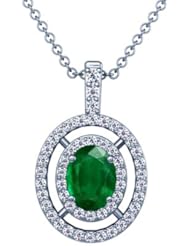 Platinum Oval Cut Emerald And Round Diamond Pendant