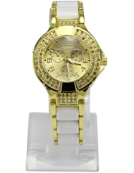 Unisex Luxury Quartz Analog Super Sports Watch Wristwatch Stainless Steel Top New Gold + White