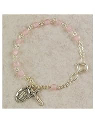 Sterling Silver 4mm Bead Pink Baby Bracelet, Infant Jewlery, Girls Rosary Bracelet, Crucifix Cross & St. Mary Miraculous Medal Charms