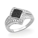 Platinum Plated Sterling Silver Round Diamond Black And White Sqaure Fashion Ring (1/4 cttw)