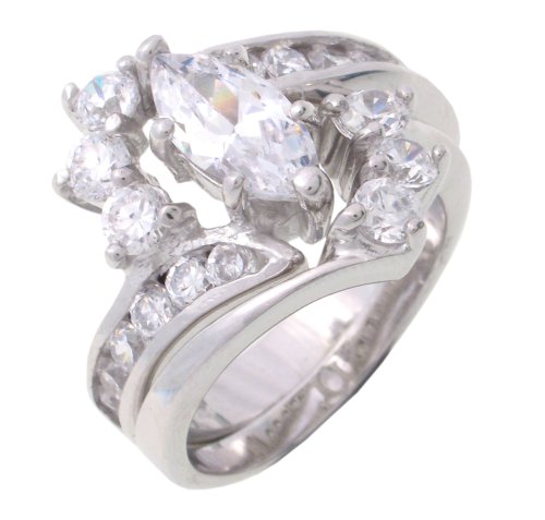 SilverBin Sterling Silver Bridal Set Bypass Style Marquis Cut Ring with Cluster CZ Accents