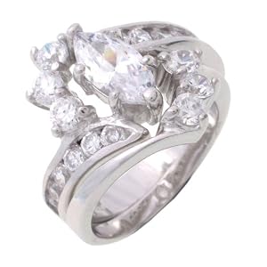 SilverBin Sterling Silver Bridal Set Bypass Style Marquis Cut Ring with Cluster CZ Accents