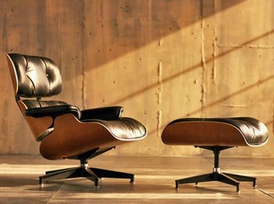 Black Leather, Eames Lounge Chair Recliner Lounger and Matching ottoman, Cherry Wood Finish