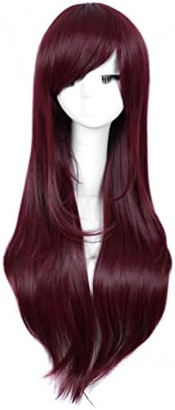 Andao Fashion Women 26 inch Long Layered Natural Burgundy Hair Sweeping Bangs Straight Wig Wigs (Dark Wine Red)