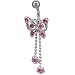 Pink Crystal Butterfly Flowers Dangle Belly Ring title=