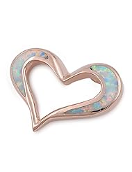Sterling Silver Rose Gold Plated Lab Opal Open Heart Pendant and Necklace