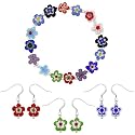 Hand-Blown Multi-Colored Flower Glass Bead and Sterling Silver Bead Bracelet & Three Earrings Set, 7.5"