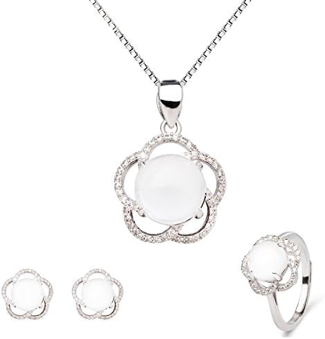 18K White Gold Plated Sterling Silver Natural White Jade Pendant Necklace, Rings, Earrings 18" YBJ-18