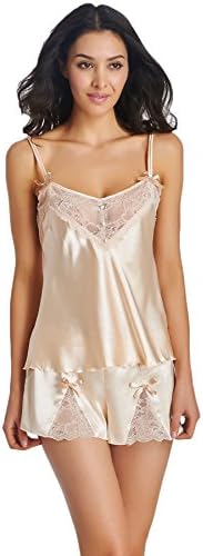 Vadoria Women's Emulation Silk Lingerie Lace Pajama Shorts Sets 2 Piece Cami Sleepwear (M, Beige)