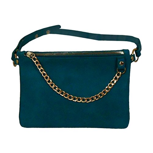 Women's Teal Blue Flat Fashion Fanny Pack with Chain - Fits up to 34 inch Waist