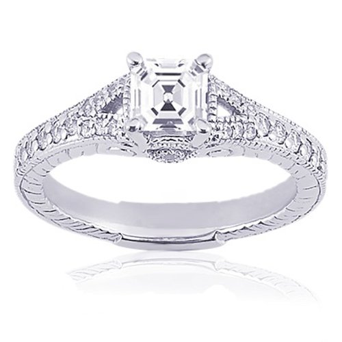 0.75 Ct Asscher Cut Diamond Engagement Ring Vintage Style Pave Set 14K SI1-E GIA