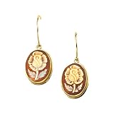 14K Yellow Gold Carnelian Shell Cameo Earrings with Flower Inlay