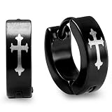 Stainless Steel Hip Hop Cross Design Black Anodized Mens Ladies Unisex Huggie Hoop Earrings (13MM Length x 4MM Width)
