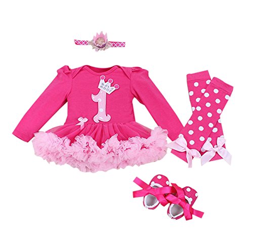MarlegardÂ® Baby Girls' 4PCs Hot Pink 1st Birthday Tutu Dress Headband Shoe Leggings