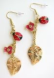 Disney Couture Gold Plated Leaf Drop Earrings With * Ladybug & Flower * Kidada Jone