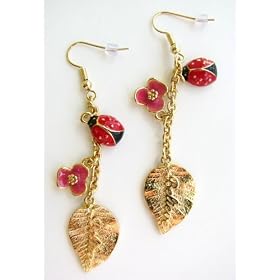 Click here to buy Disney Couture Gold Plated Leaf Drop Earrings With Ladybug and Flower Kidada Jone's Tinkerbell... by Disney.