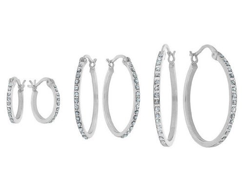 3 Pair Diamond Hoop Earrings Set in Sterling Silver