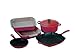 LE CREUSET  CERISE RED 5 PIECE COOKWARE SET, 20cm cast iron Casserole, 20cm cast iron frying / omelette pan, 26cm cast iron round grill, 25cm square cast iron dish, 32cm stoneware roasting