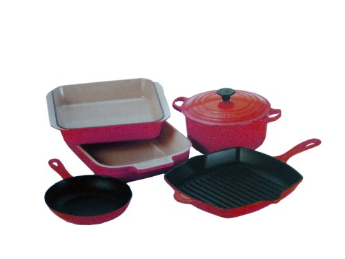 LE CREUSET  CERISE RED 5 PIECE COOKWARE SET, 20cm cast iron Casserole, 20cm cast iron frying / omelette pan, 26cm cast iron round grill, 25cm square cast iron dish, 32cm stoneware roasting
