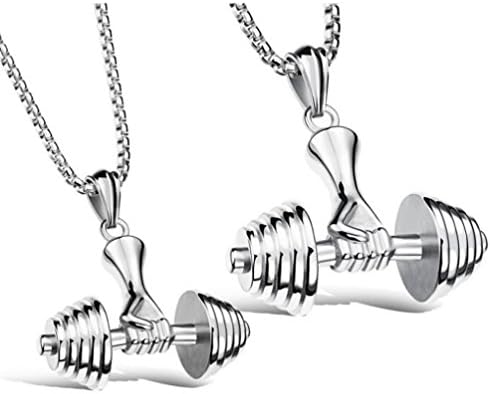 Unisex Creative Dumbbell Barbell Titanium Steel Pendant Necklace(Silver,S)