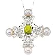 14K White Gold Peridot, Pearl and Diamond Cross Pendant